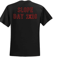 Black T-shirt back mockup with red Slope Day 2X26 lettering