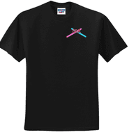 Black T-shirt front mockup with small crossed cyan and pink sticks